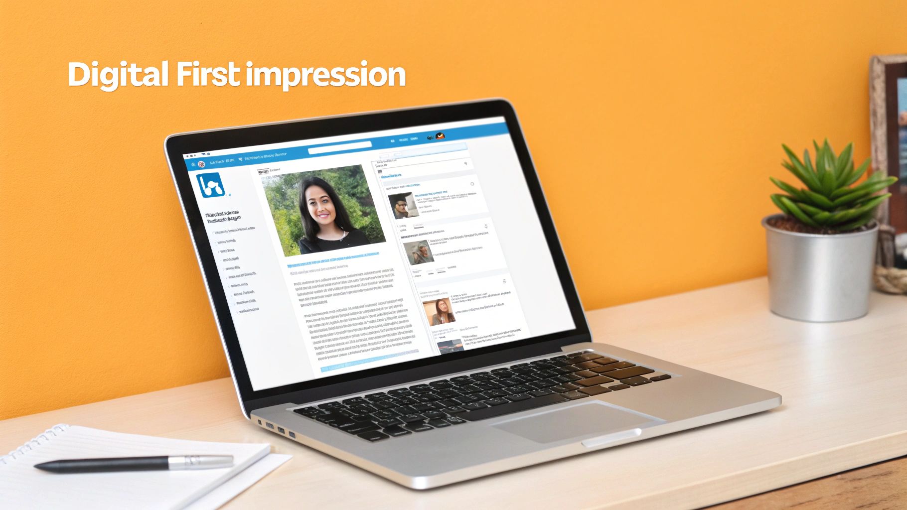 A professional smiling while looking at their LinkedIn profile on a laptop