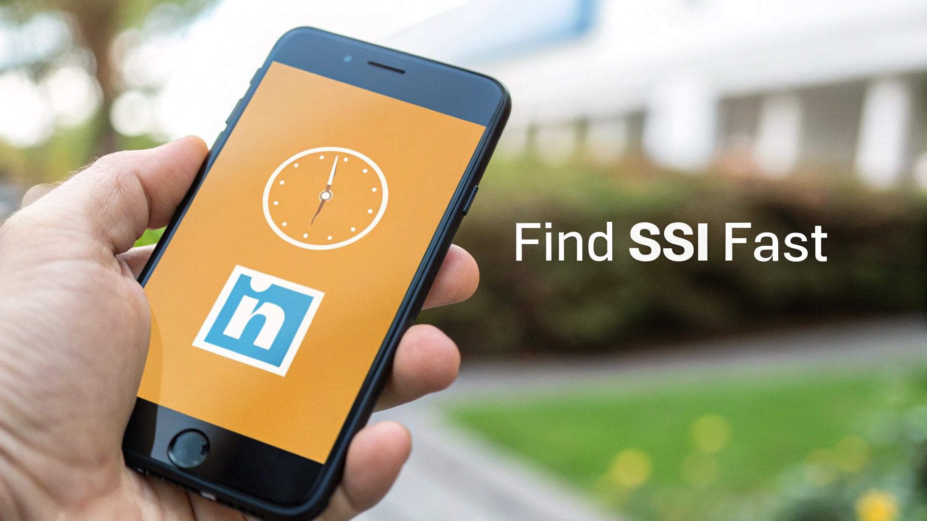 A hand holding a smartphone displaying a clock and LinkedIn logo, with 'Find SSI Fast' text.