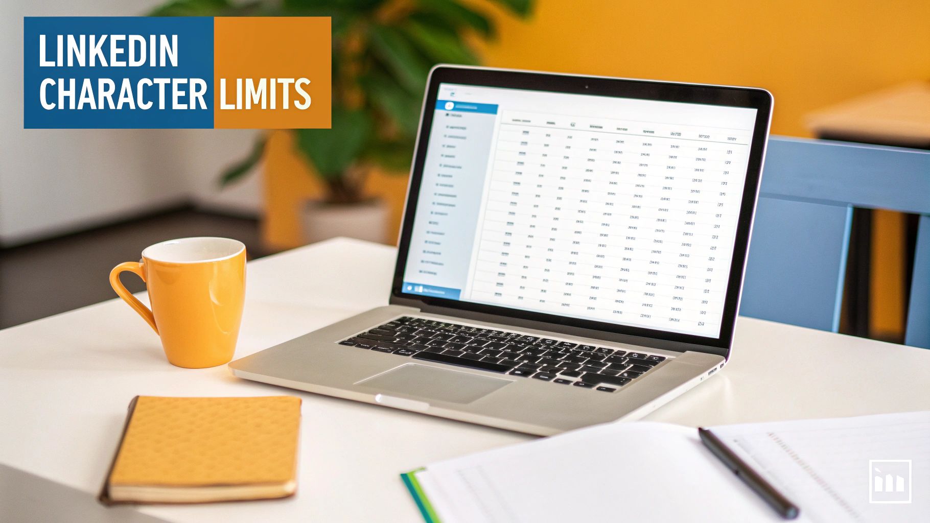 A laptop displaying data on a white desk with a yellow mug, notebook, and 'LinkedIn Character Limits' text.