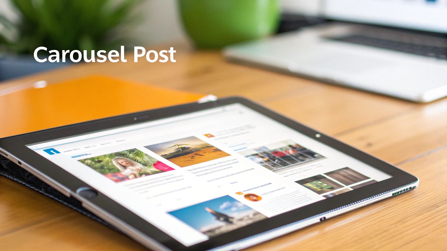 A close-up of a tablet displaying a social media carousel post on a wooden desk.
