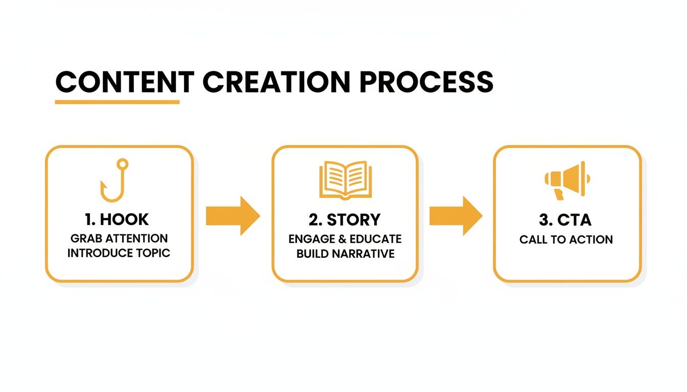 A diagram illustrating the content creation process with three steps: Hook, Story, and CTA.