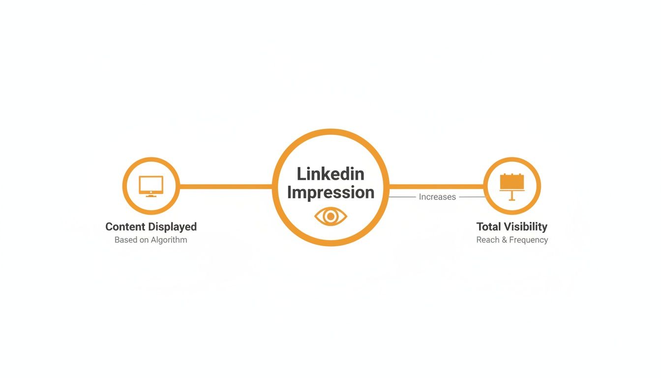 Diagram explaining LinkedIn impression, illustrating content display based on algorithm leading to increased total visibility.