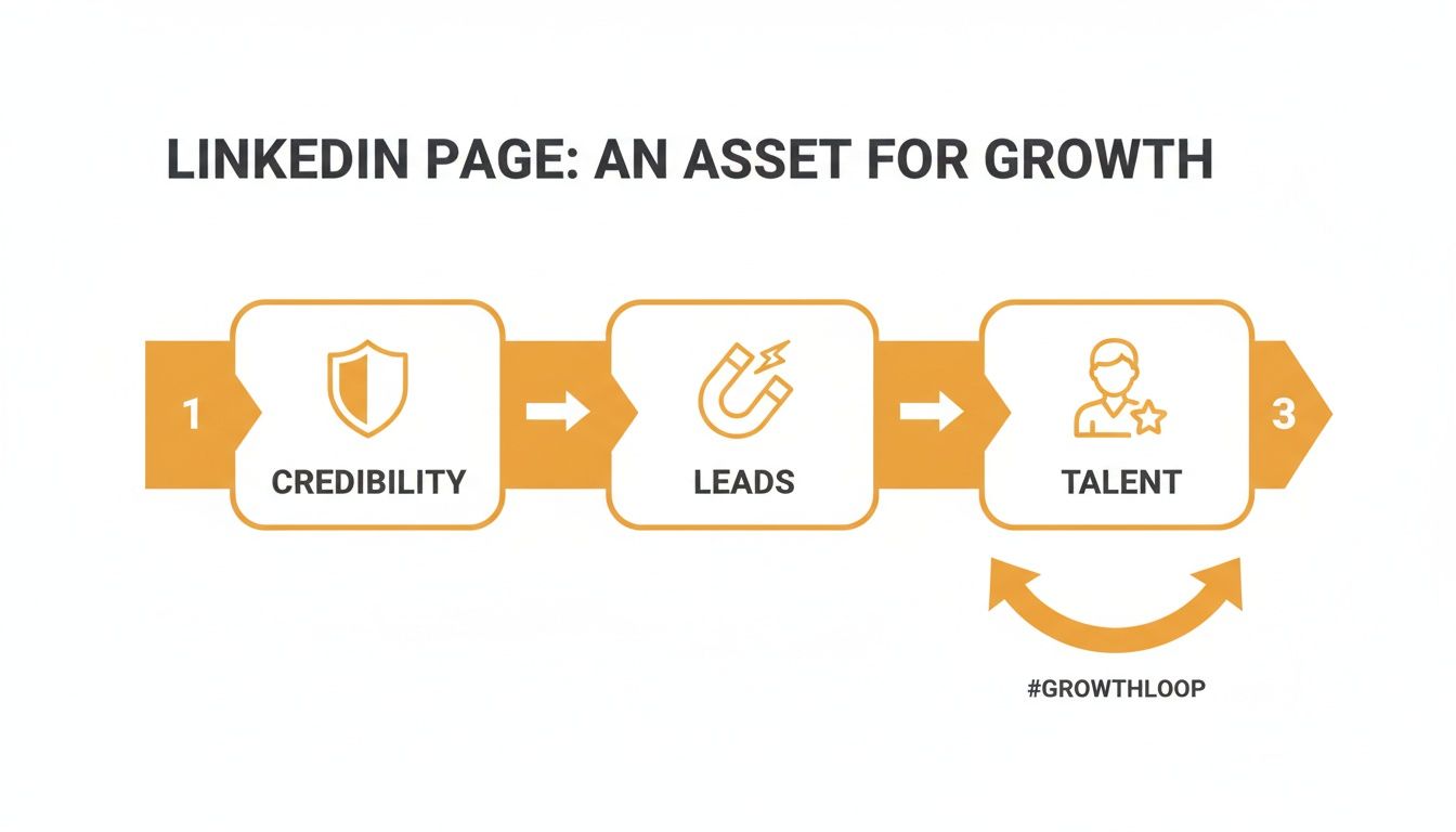 Flowchart illustrating how a LinkedIn page drives credibility, leads, and talent through a growth loop.