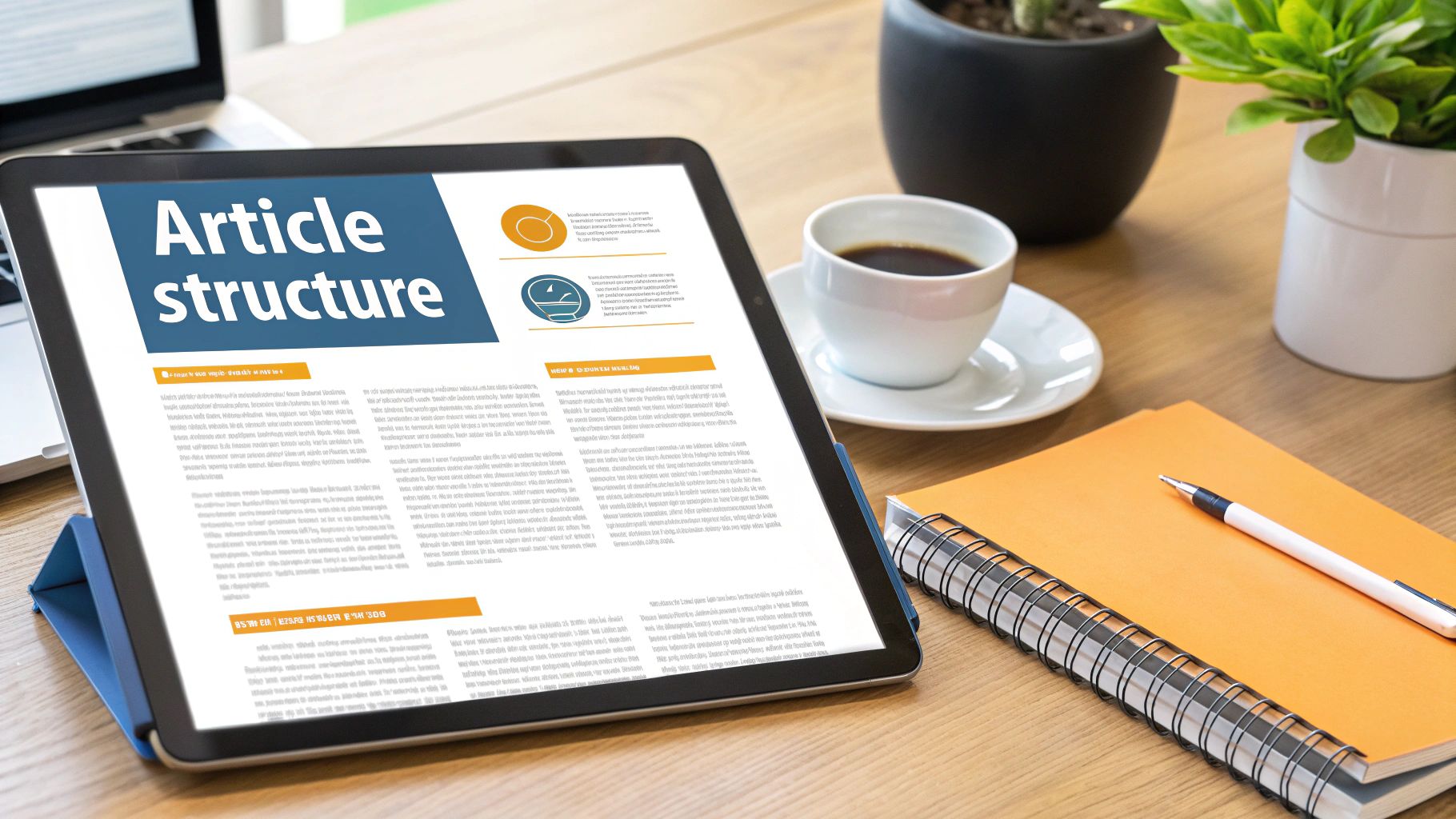 An organized desk with a laptop showing a well-structured article, symbolizing the importance of structure.