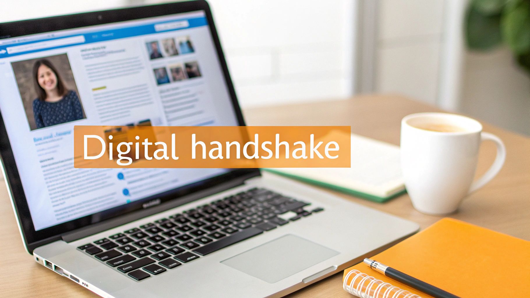 A laptop displaying a LinkedIn profile with a smiling woman, coffee, and notebooks on a wooden desk.