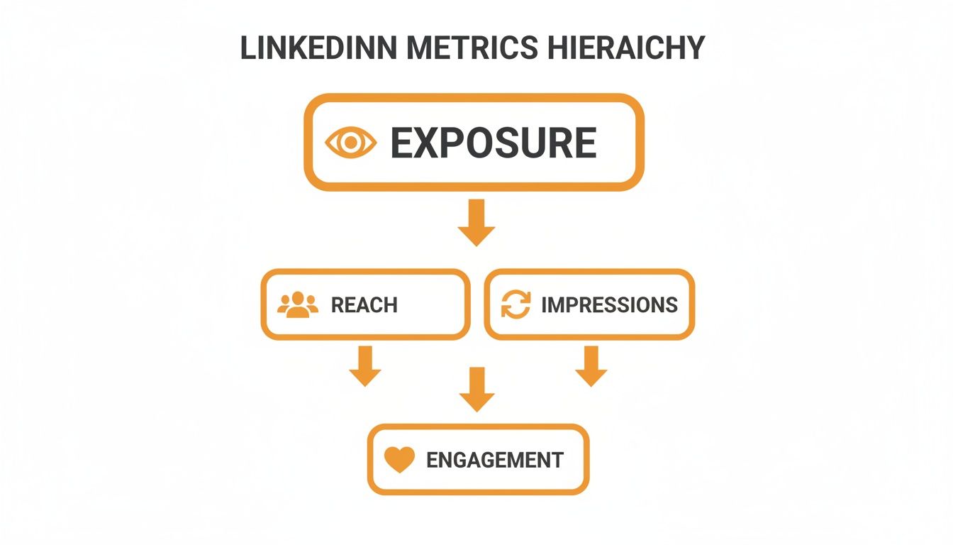 A diagram outlining the LinkedIn metrics hierarchy: Exposure at the top, leading to Reach and Impressions, which both lead to Engagement.