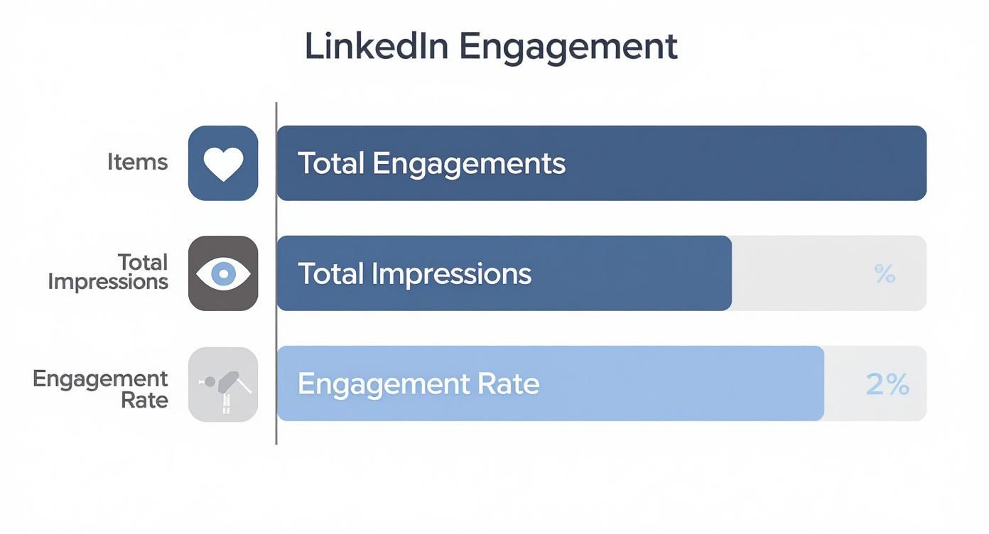 A LinkedIn engagement dashboard showing total engagements, total impressions, and a 2% engagement rate.