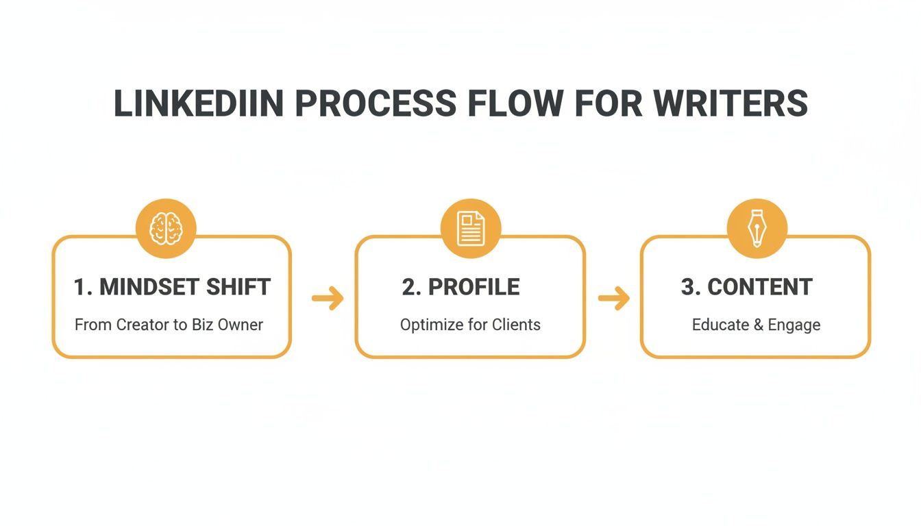 A LinkedIn process flow for writers outlining three steps: mindset shift, profile optimization, and content strategy.