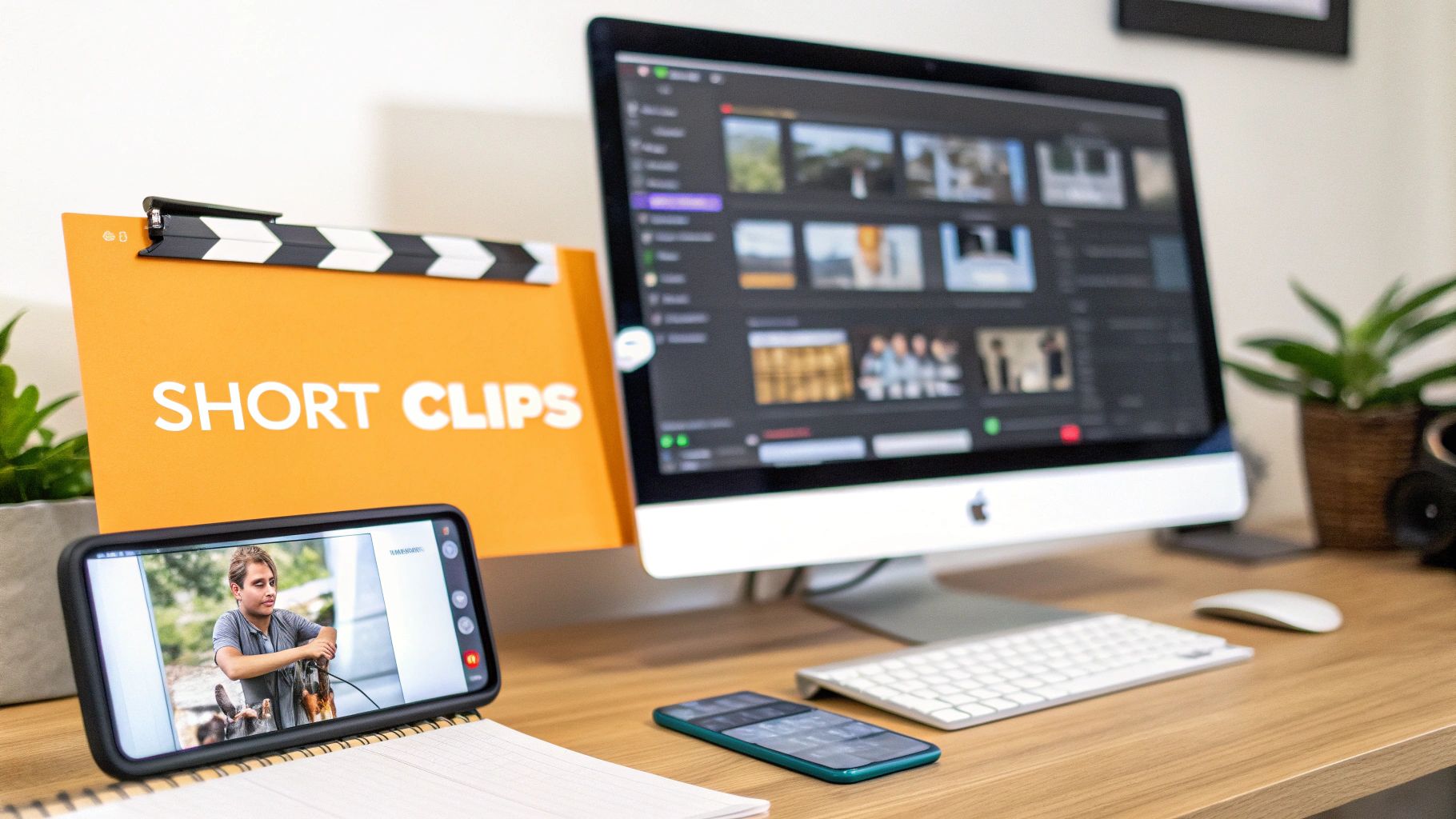A desk setup featuring an iMac editing videos, two smartphones, and a 'SHORT CLIPS' sign with a clapperboard.