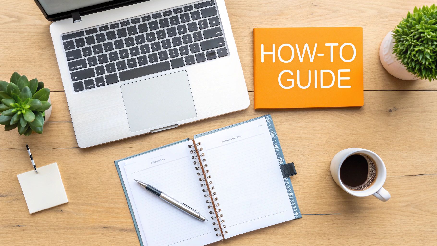 Flat lay of a clean wooden desk with a laptop, notebook, coffee, and a 'HOW-TO GUIDE' book.