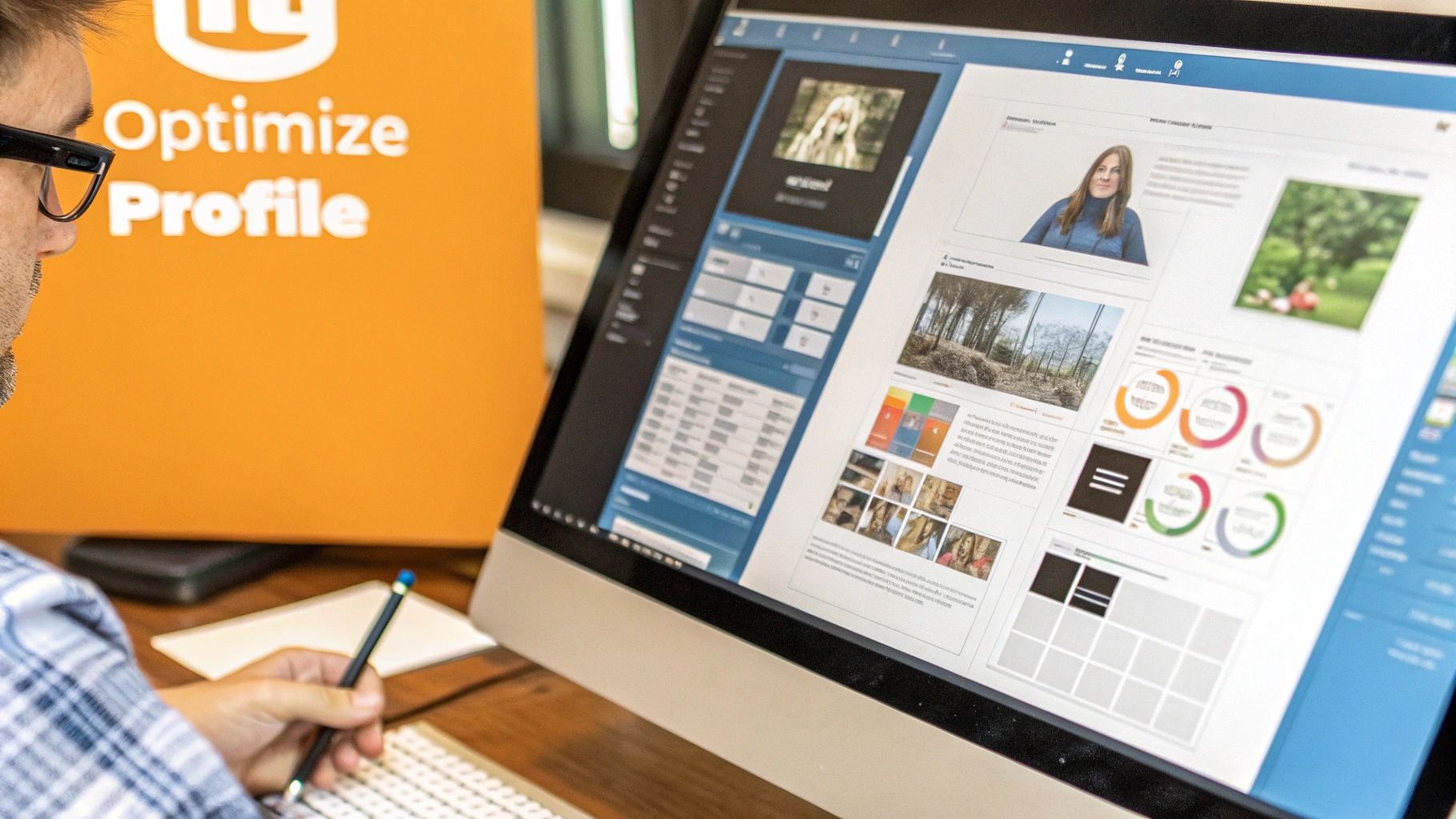 A person wearing glasses works on a computer displaying a digital profile for optimization.