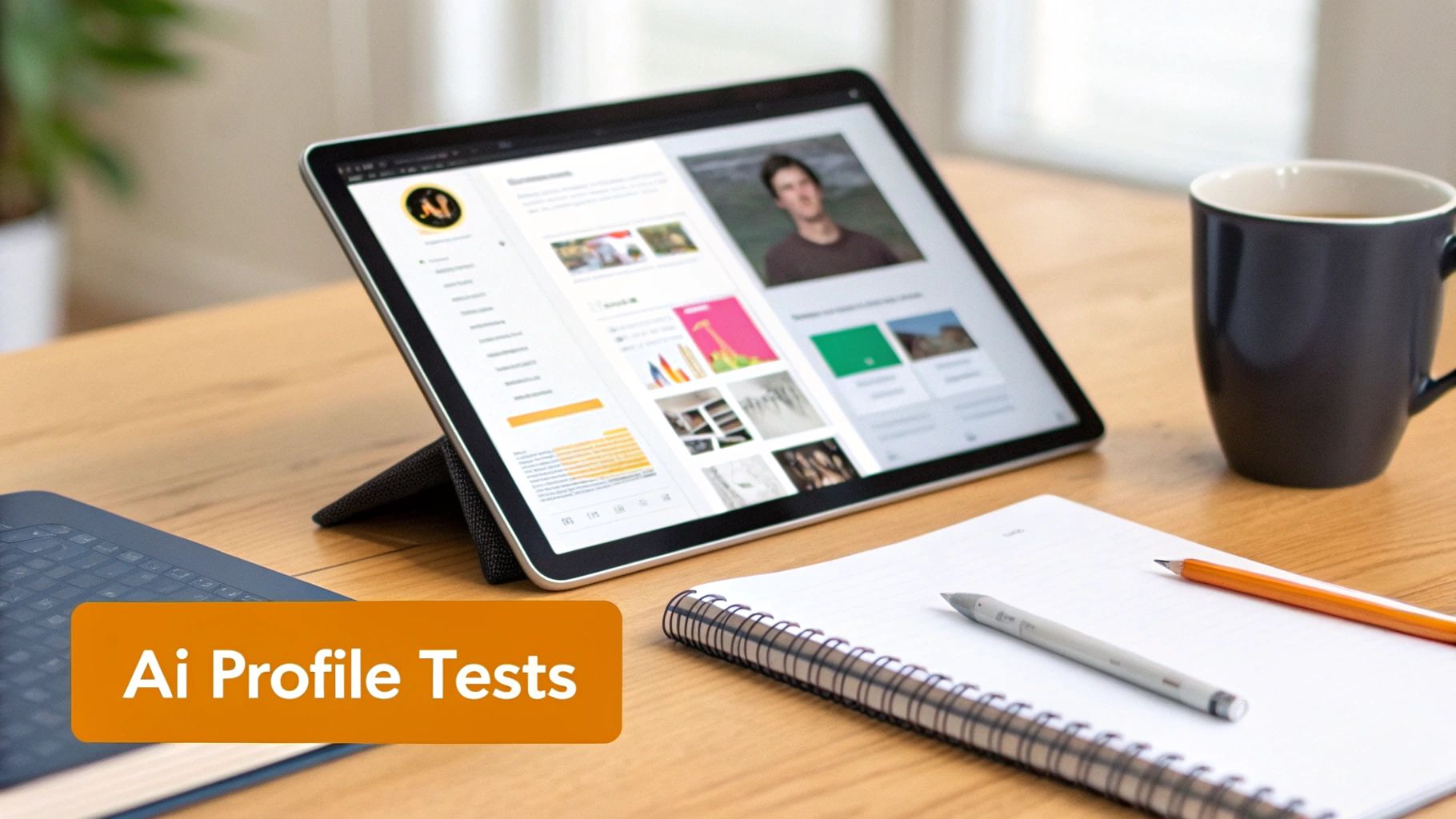 A tablet on a wooden desk displays a social media profile, next to a coffee mug and notebook.