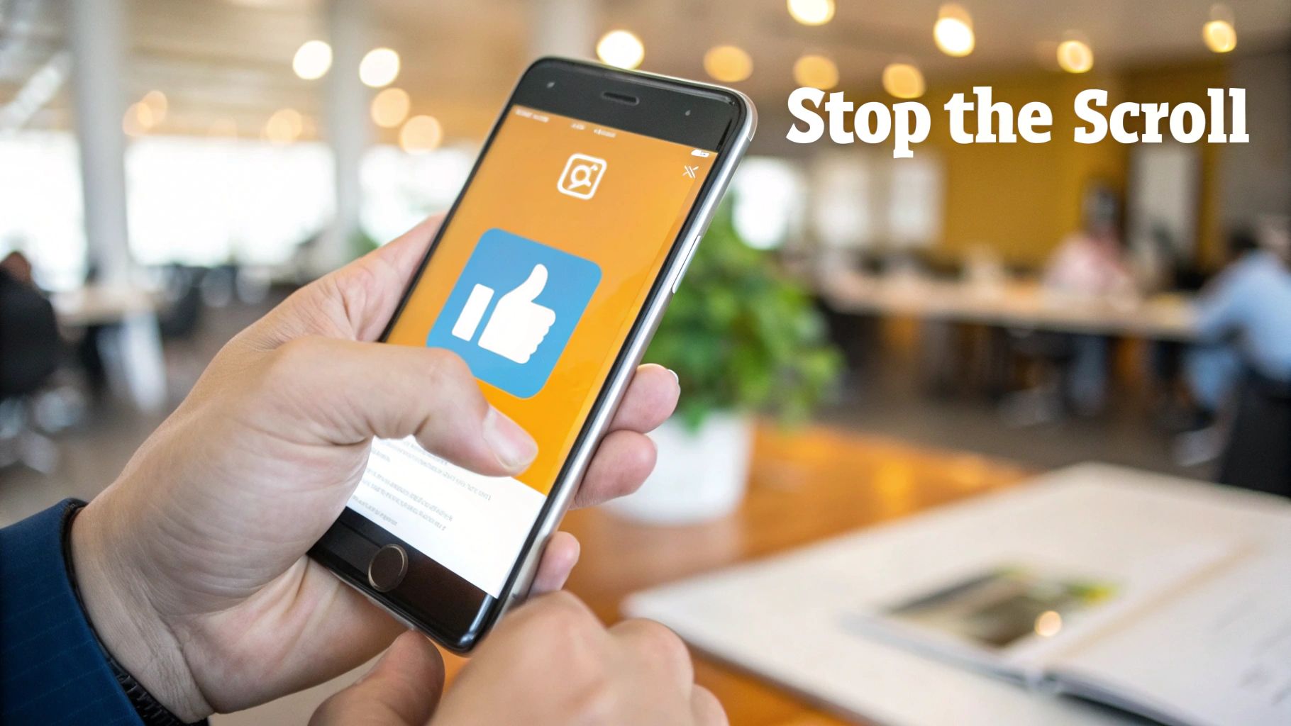 Hand holding smartphone displaying a blue thumbs-up icon and Instagram logo, with "Stop the Scroll" text.