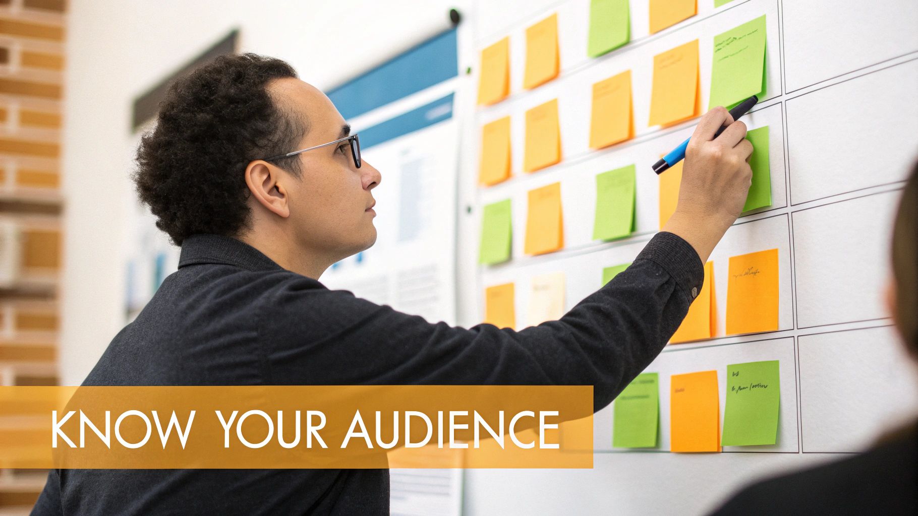 Man in glasses writes on a green sticky note on a whiteboard during a brainstorming session.