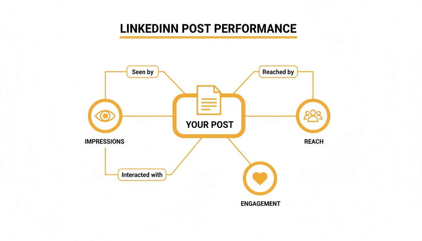 Infographic explaining LinkedIn post performance, detailing impressions, reach, and engagement metrics.