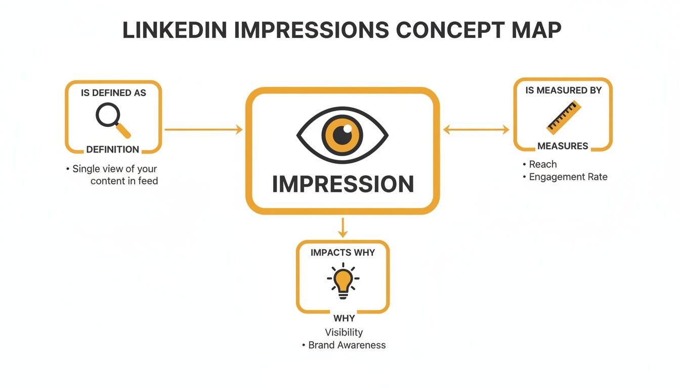 A concept map defining LinkedIn impressions, how they are measured, and their impact on visibility and brand awareness.