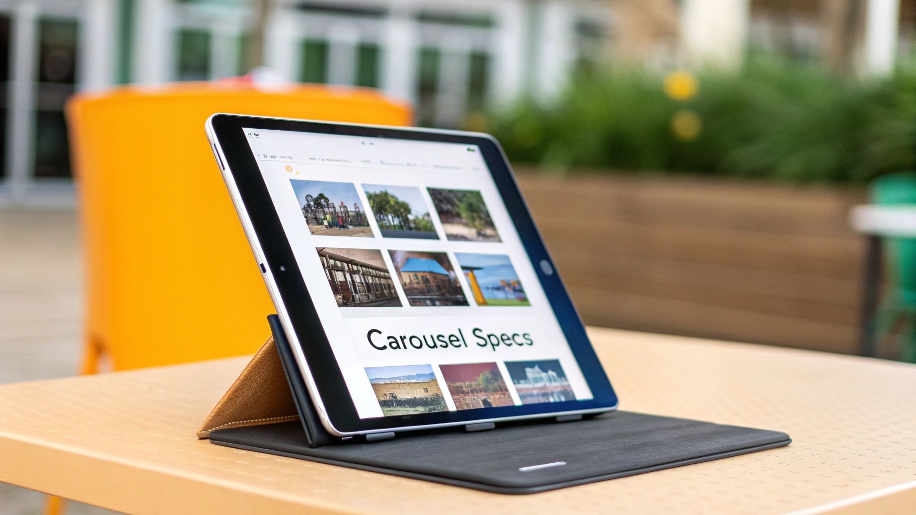 iPad displaying 'Carousel Specs' and image gallery on a table, with an orange background.
