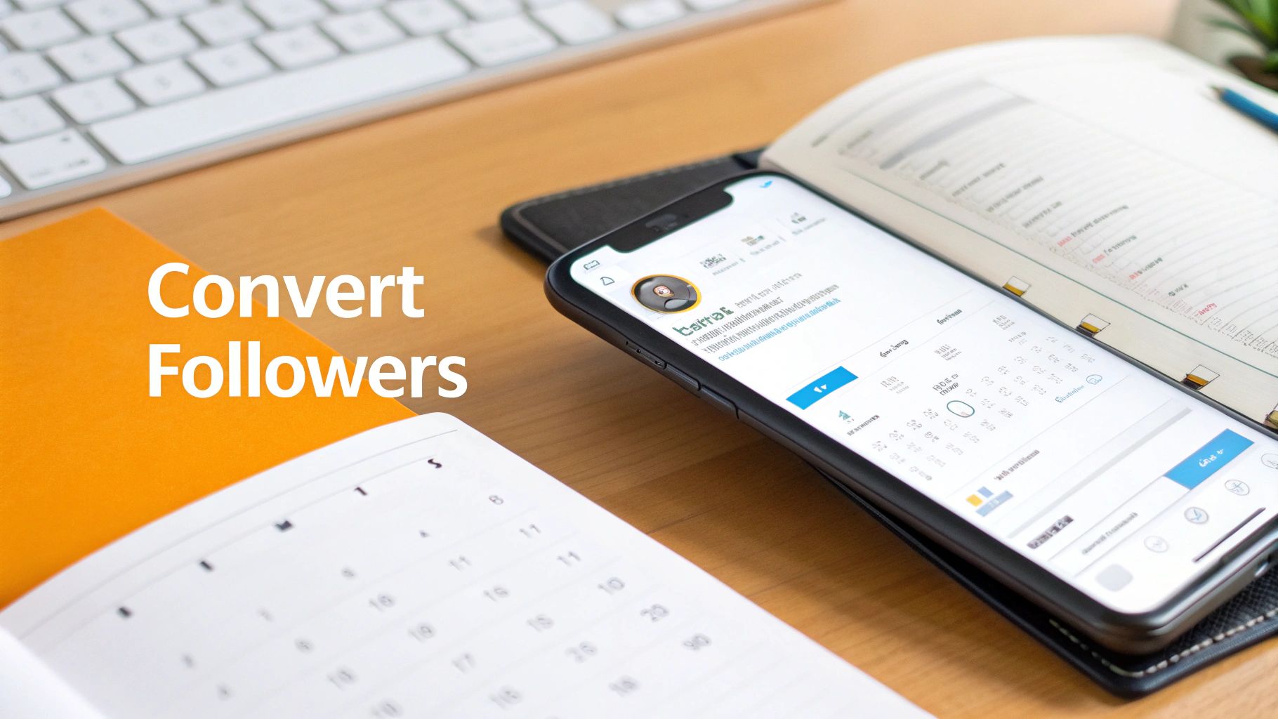 A desk setup with a white keyboard, an orange notebook saying 'Convert Followers', a calendar, and a smartphone showing a social media profile.