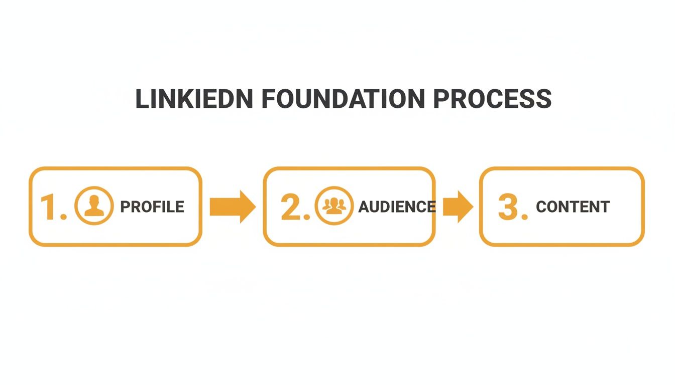 A diagram illustrating the LinkedIn Foundation Process with three steps: Profile, Audience, and Content.