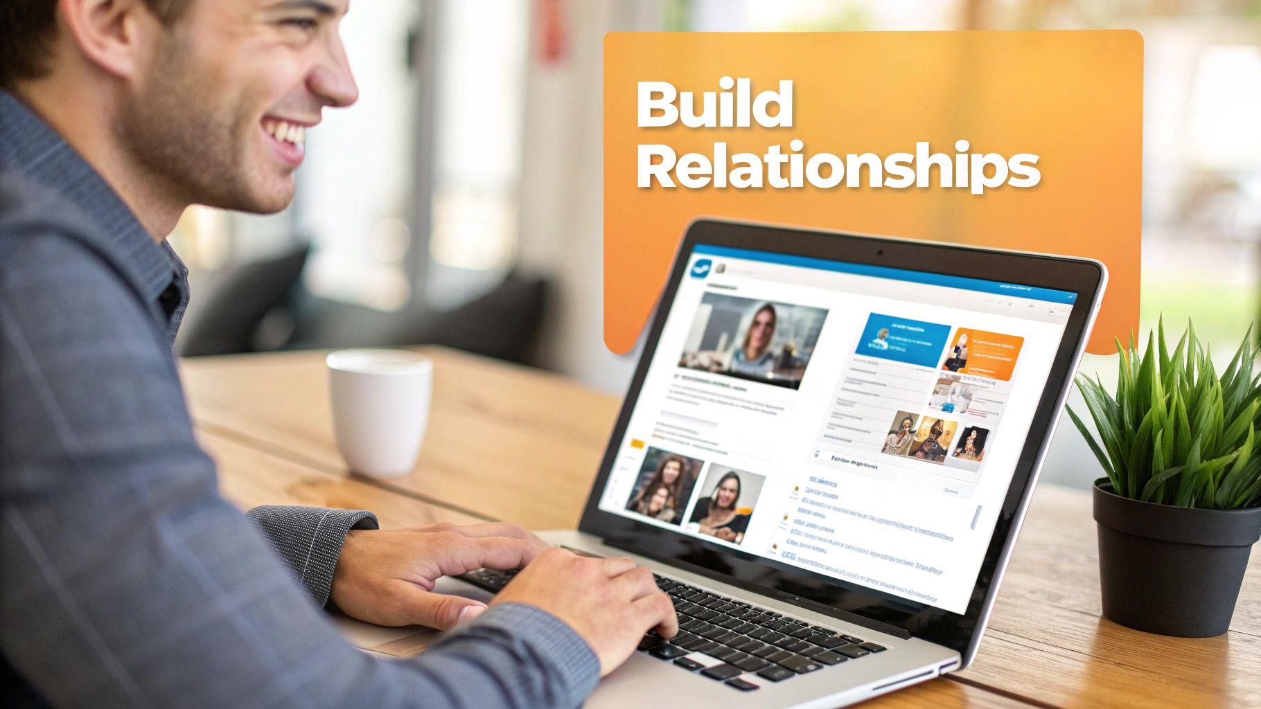 A smiling man uses a laptop, actively browsing a social networking site to build relationships.