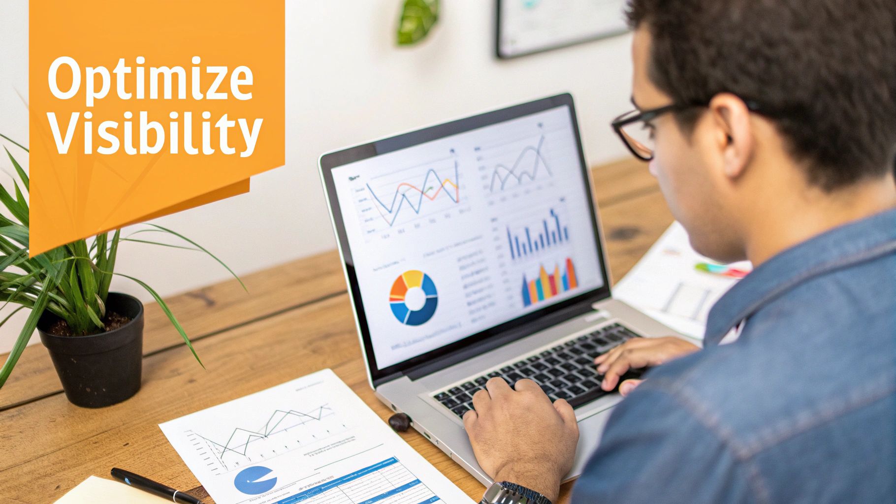 Man analyzing data charts on a laptop, optimizing visibility for business growth.