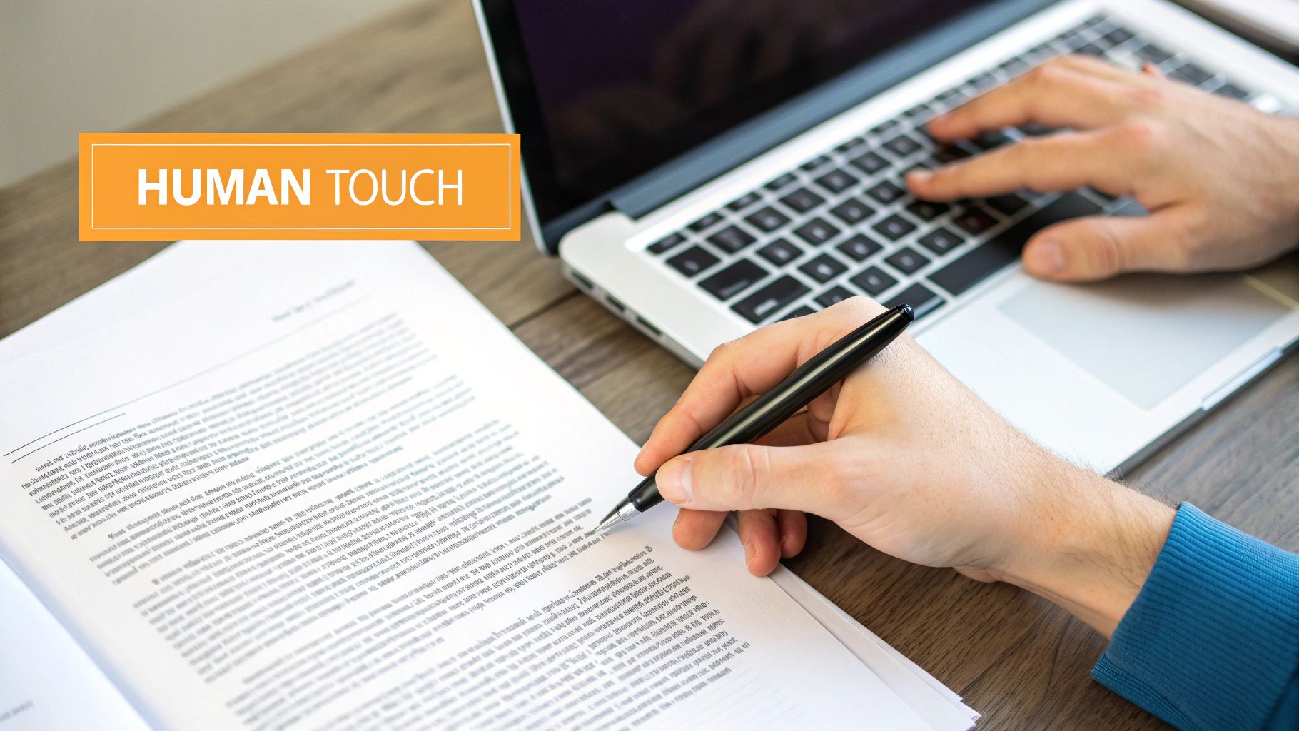 Close-up of hands working on a laptop and writing on paper with a pen, labeled 'HUMAN TOUCH'.