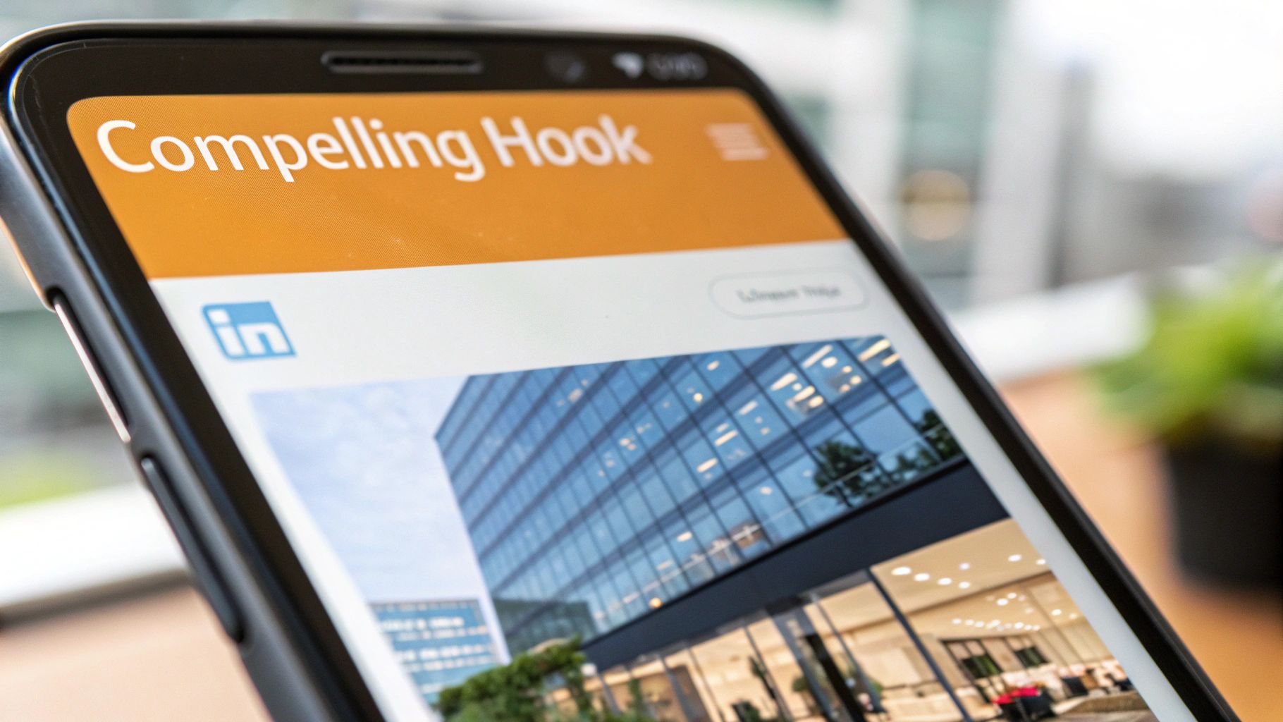 A smartphone displaying a LinkedIn page with 'Compelling Hook' and a modern building background.