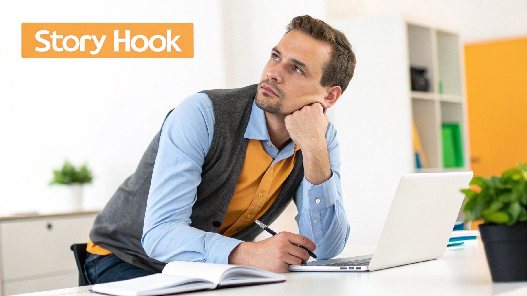 A thoughtful man looking up, holding a pen at a desk with a laptop, notebook, and 'Story Hook' text overlay.