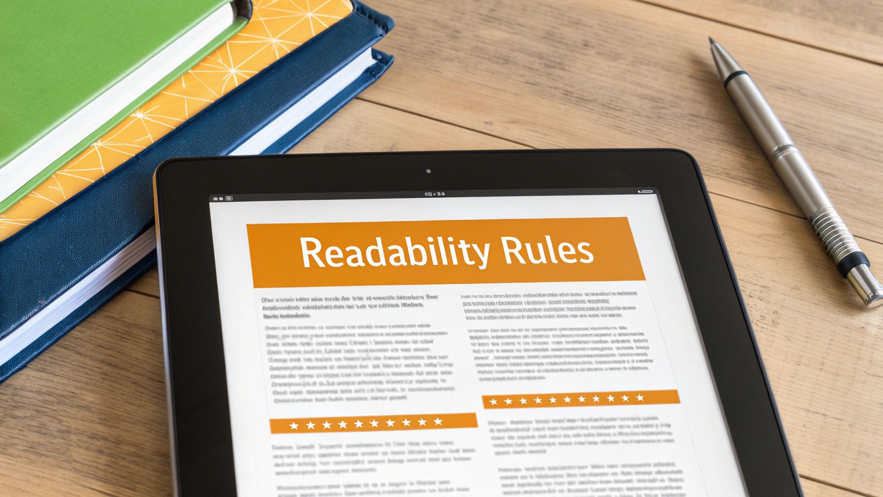A tablet on a wooden desk displays an article titled 'Readability Rules' alongside books and a pen.