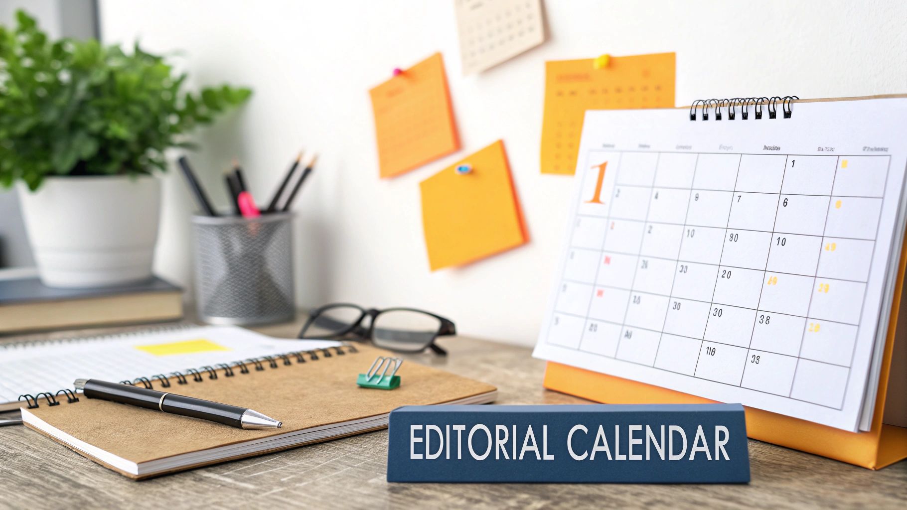 An editorial calendar being planned on a whiteboard, showing different content formats and topics.