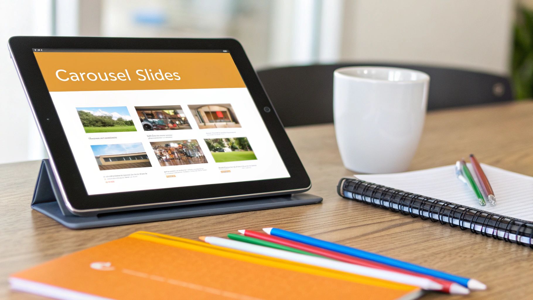 Tablet displaying 'Carousel Slides' with various images, accompanied by a mug, notebook, and pens on a wooden desk.