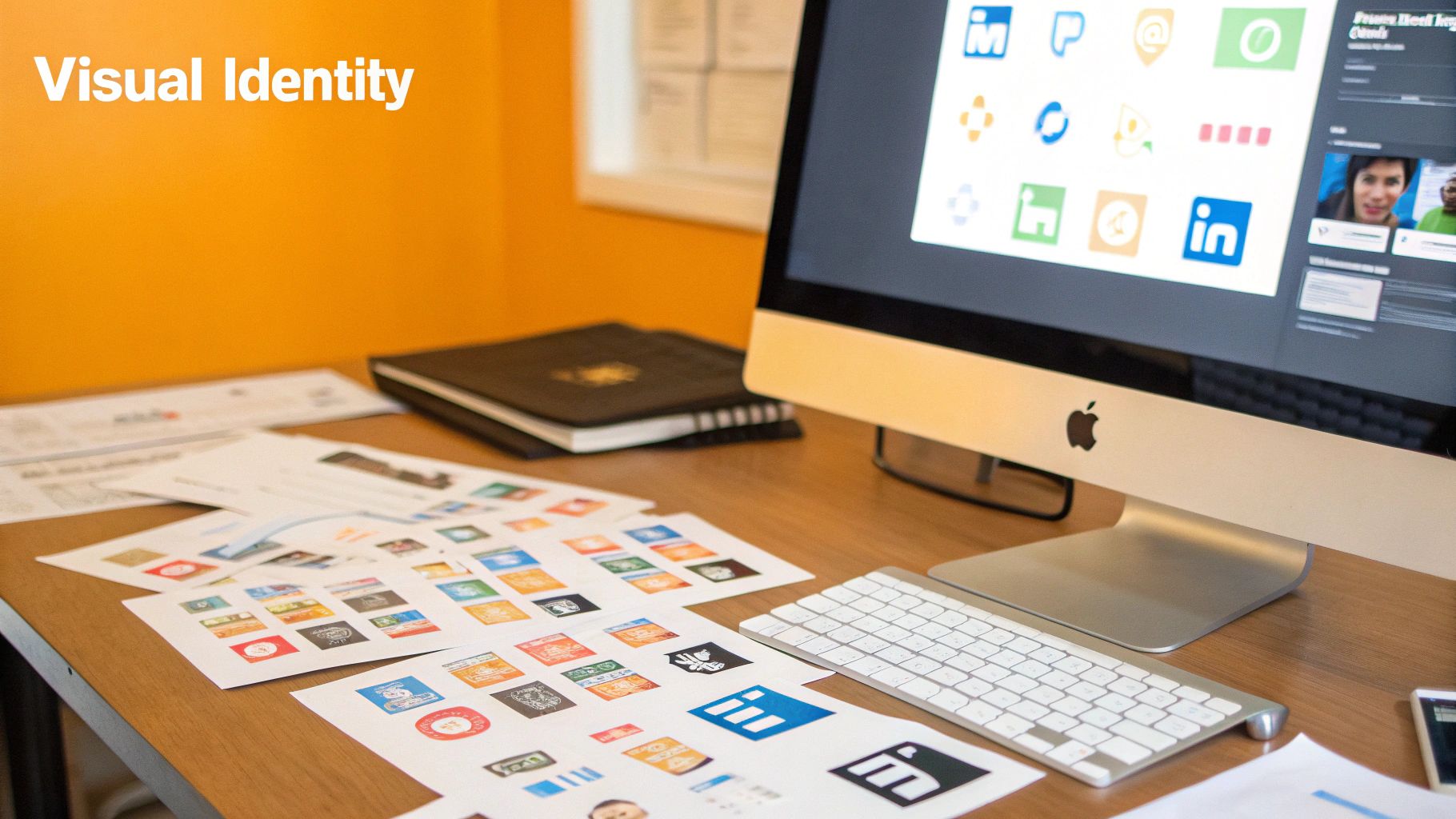 A designer's desk with an iMac showing app icons and social profiles, surrounded by printed logo designs and branding materials.
