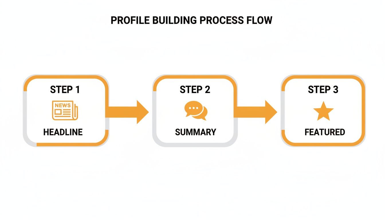 A profile building process flow diagram illustrating three sequential steps: Headline, Summary, and Featured.