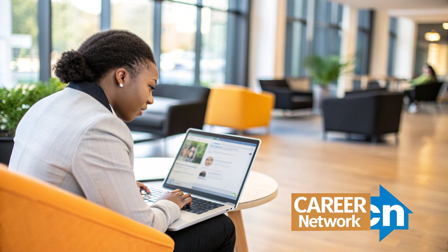 A professional Black woman types on a laptop, engaging in online networking in a modern office.