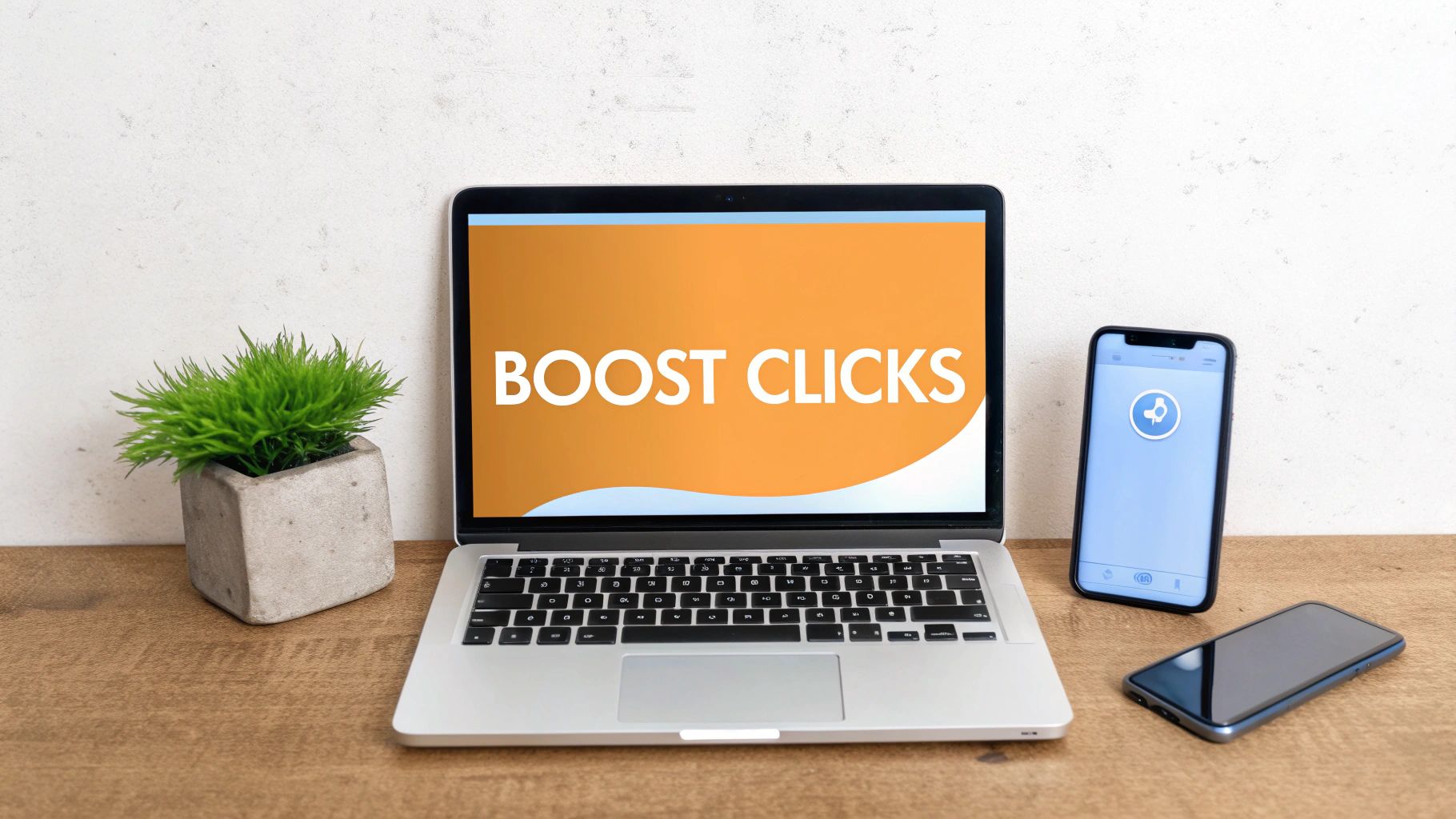 A laptop displaying "BOOST CLICKS" on its screen, alongside two smartphones and a green plant.