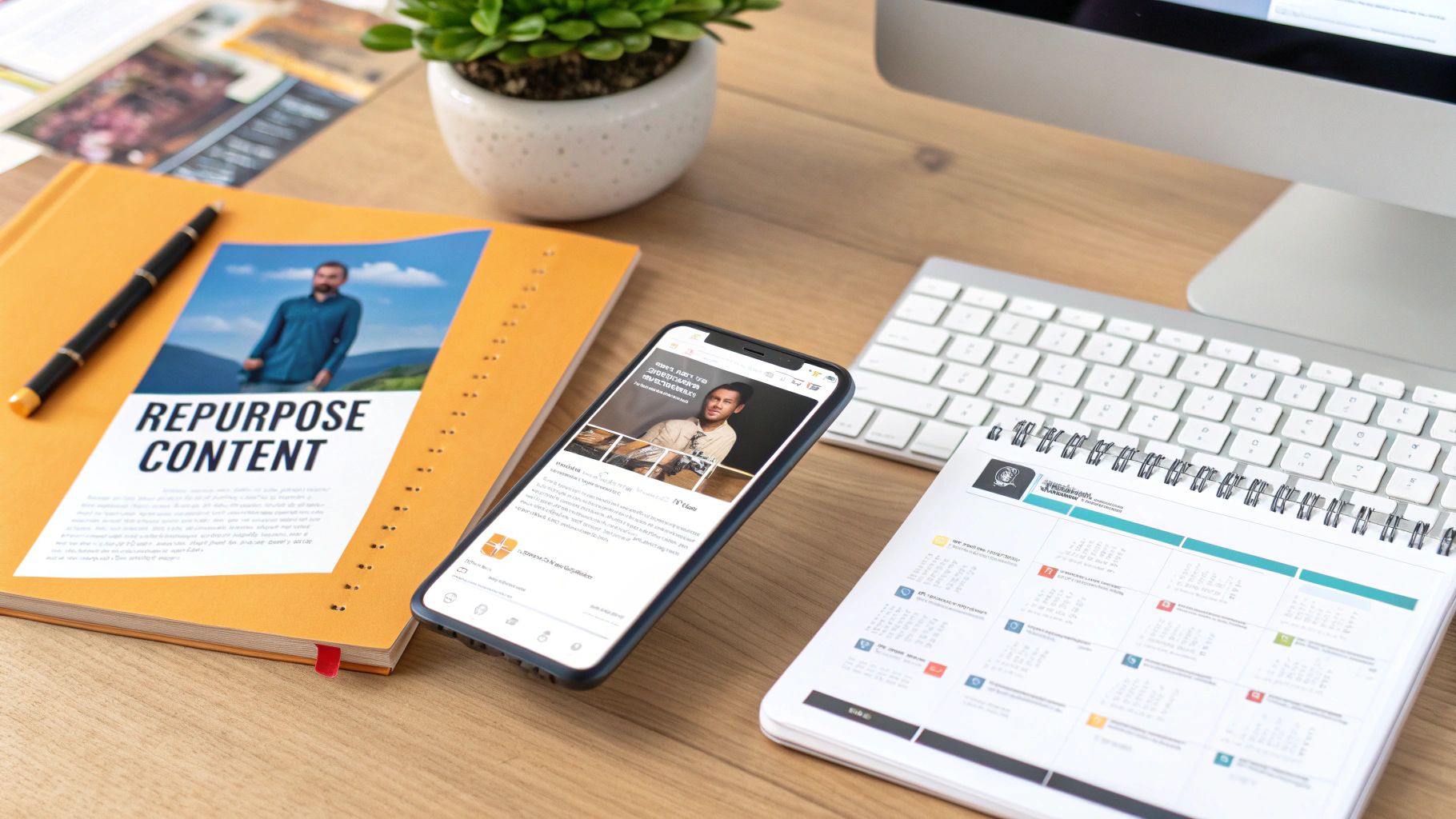 Workspace with notebook displaying 'Repurpose Content', phone, keyboard, and planner.