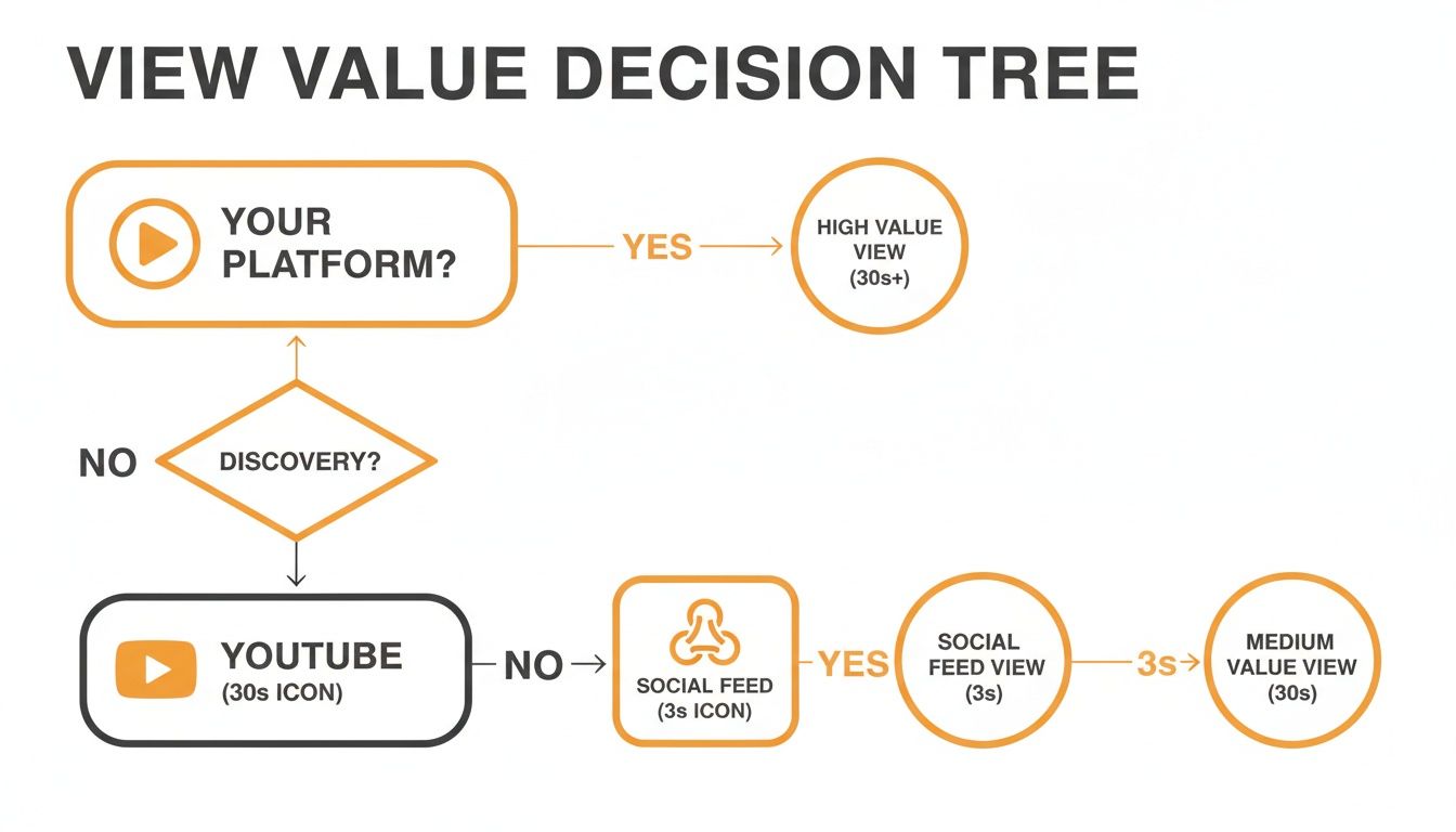 Decision tree flowchart explaining view value based on platform, discovery, and duration.