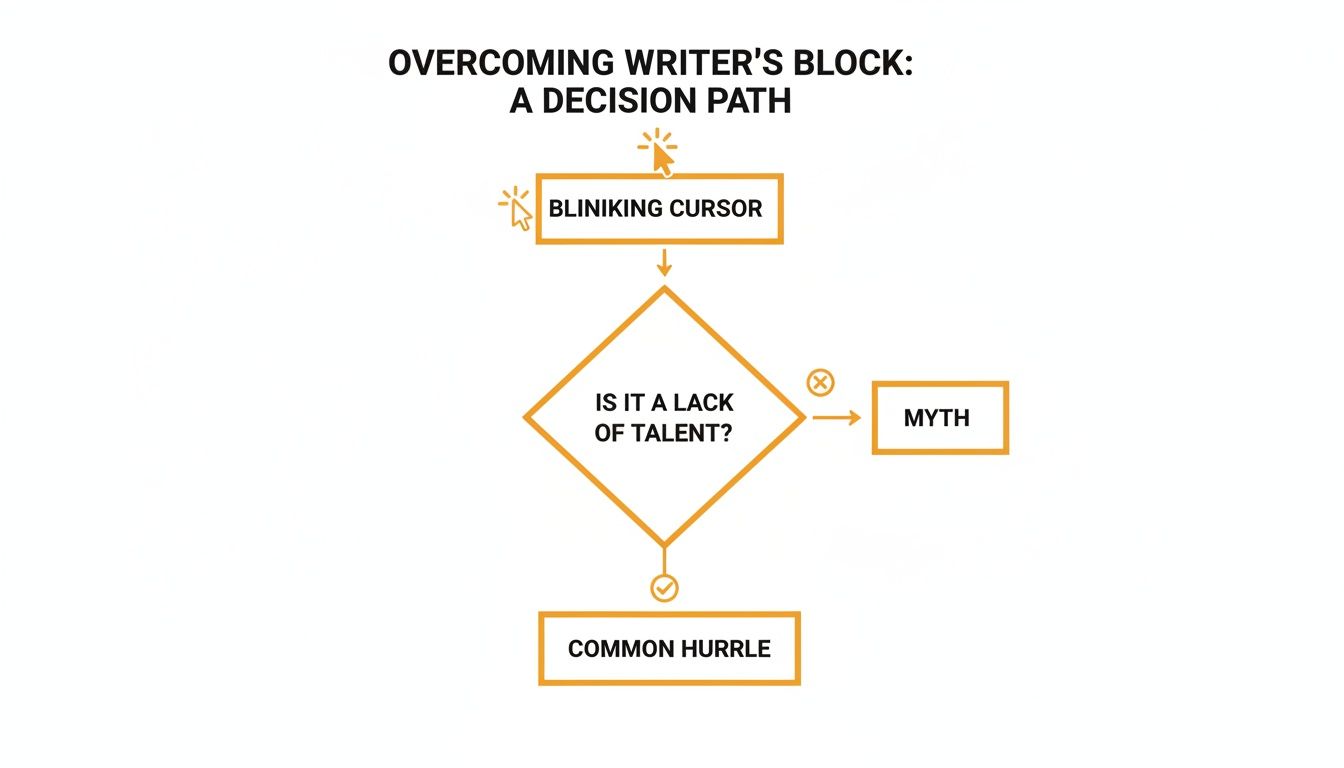 Decision path flowchart to overcome writer's block, distinguishing talent from common hurdles.