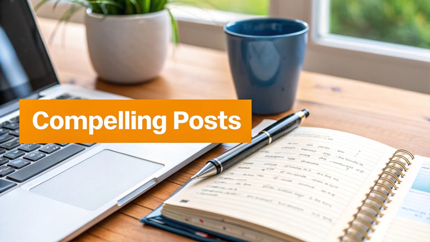 A workspace with a laptop, an open notebook, a pen, a plant, and a mug on a wooden desk with text 'Compelling Posts'.