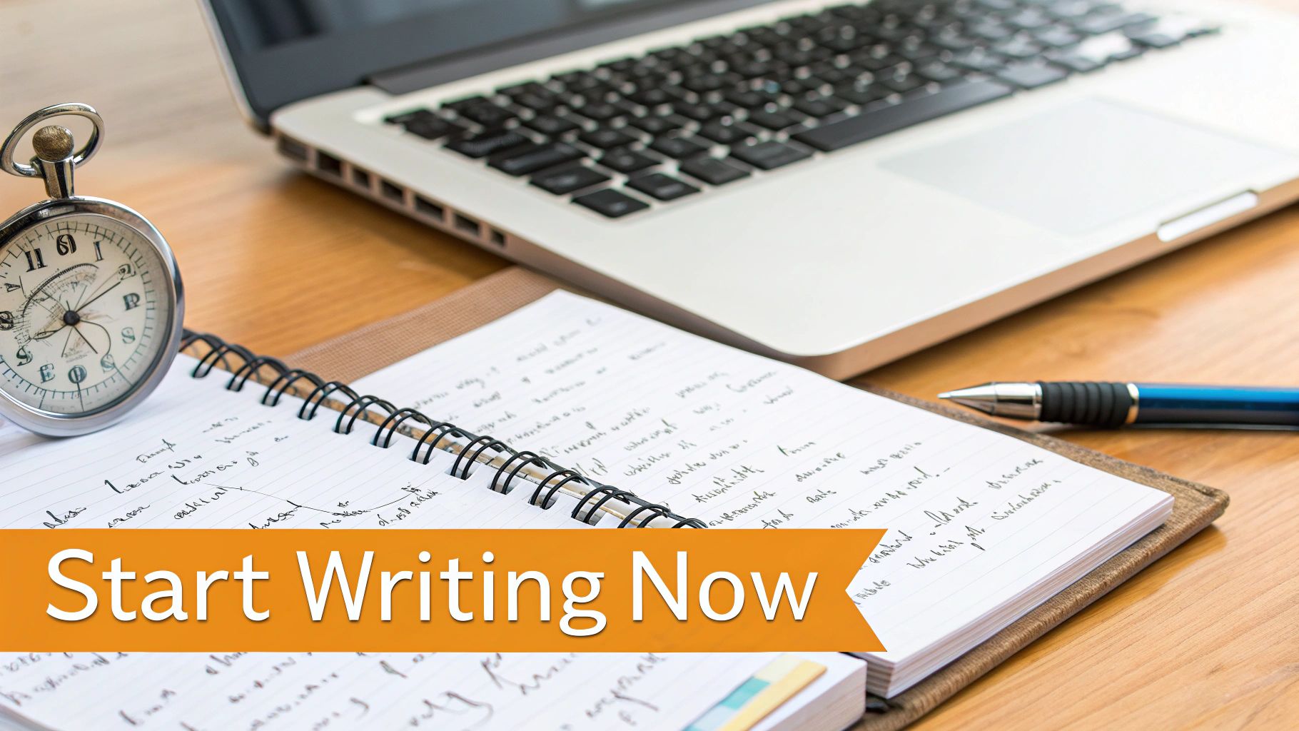 A desk setup with a laptop, open notebook, pen, and pocket watch, encouraging immediate writing.