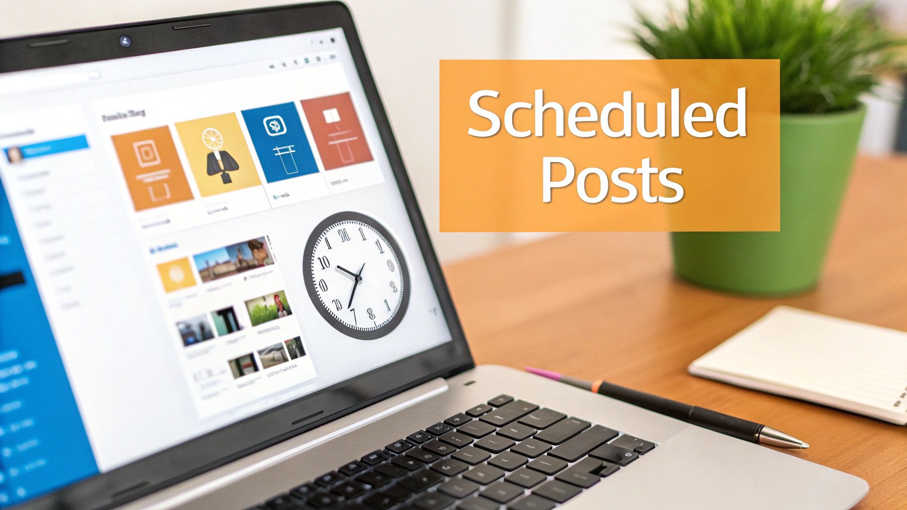 Laptop displaying a social media dashboard with a large clock, alongside a plant and 'Scheduled Posts' text.