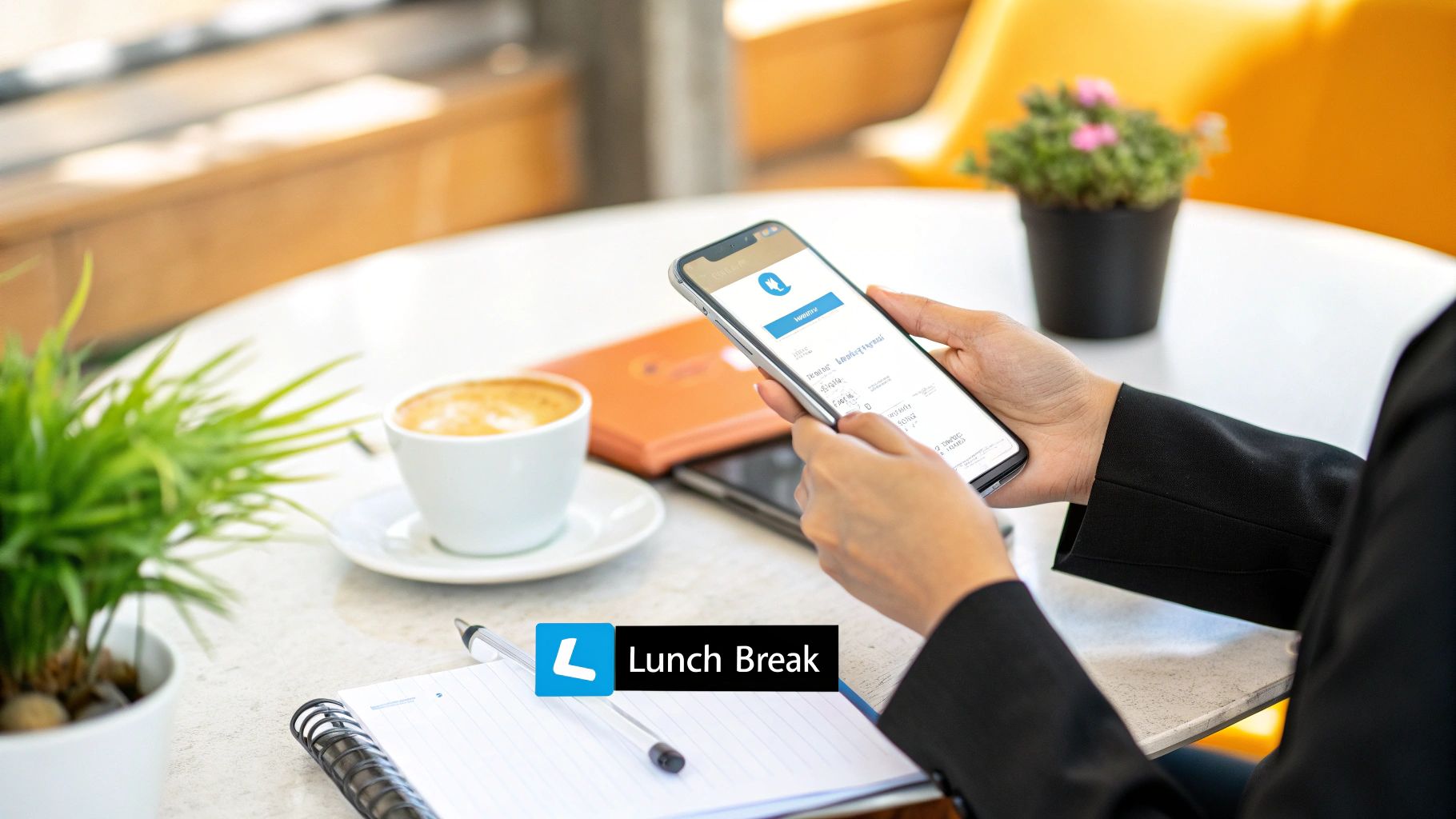 A person takes a lunch break, holding a smartphone next to a coffee cup and notebook.