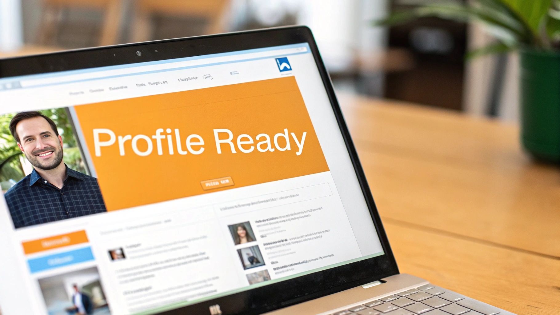 A laptop screen displays a "Profile Ready" webpage featuring a smiling man's profile photo.