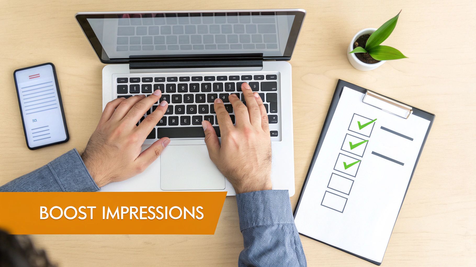Overhead view of hands typing on a laptop next to a checklist and a smartphone, with a 'Boost Impressions' banner.