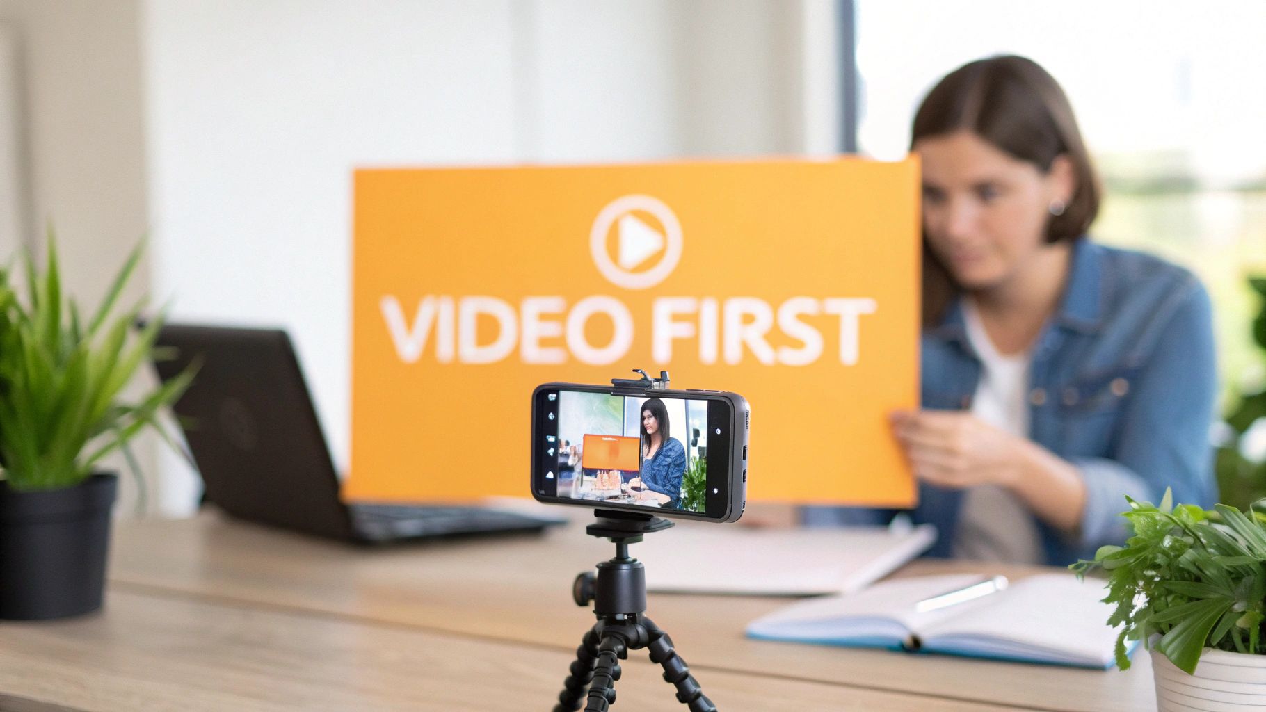 Une femme enregistre un message 'VIDÉO D'ABORD' sur un smartphone pour la création de contenu.