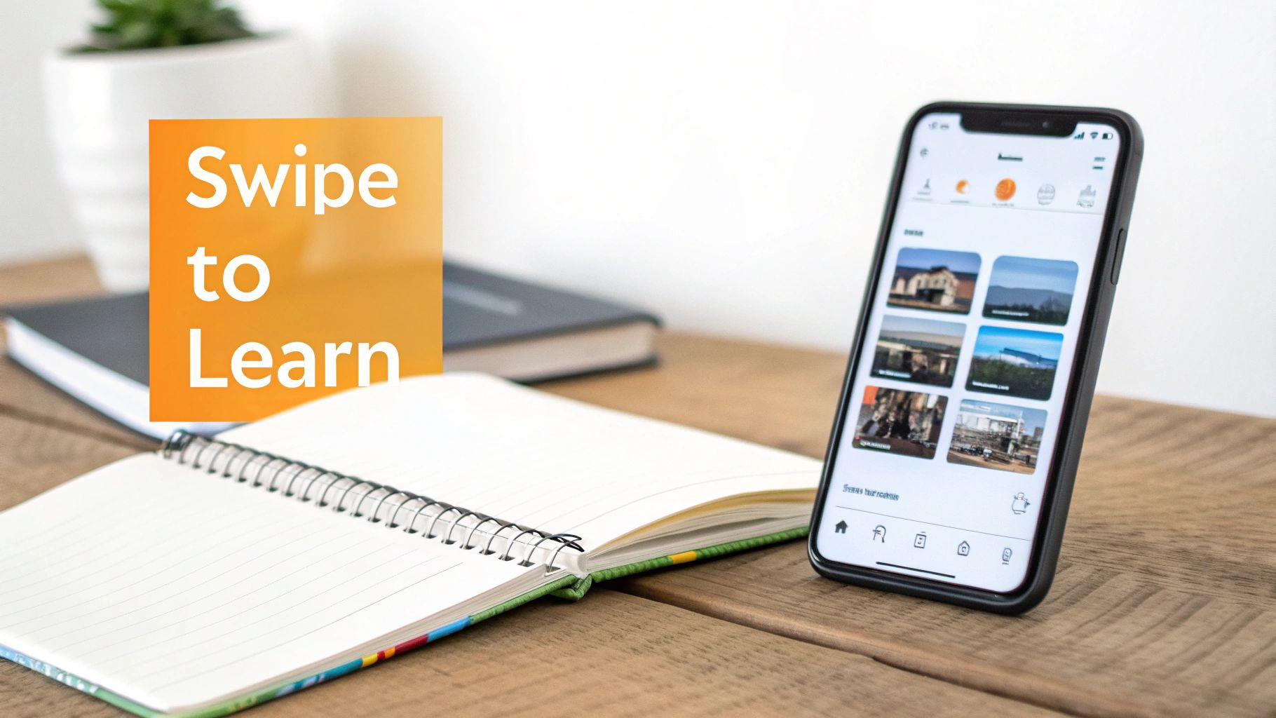A smartphone on a wooden desk next to an open notebook and a prominent 'Swipe to Learn' text overlay.