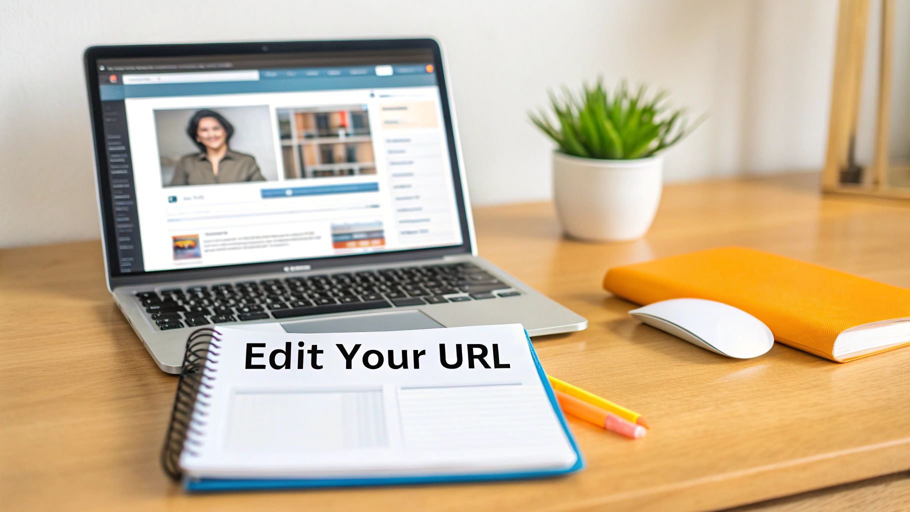 A laptop on a wooden desk displays a social media profile, next to a notebook with 'Edit Your URL'.