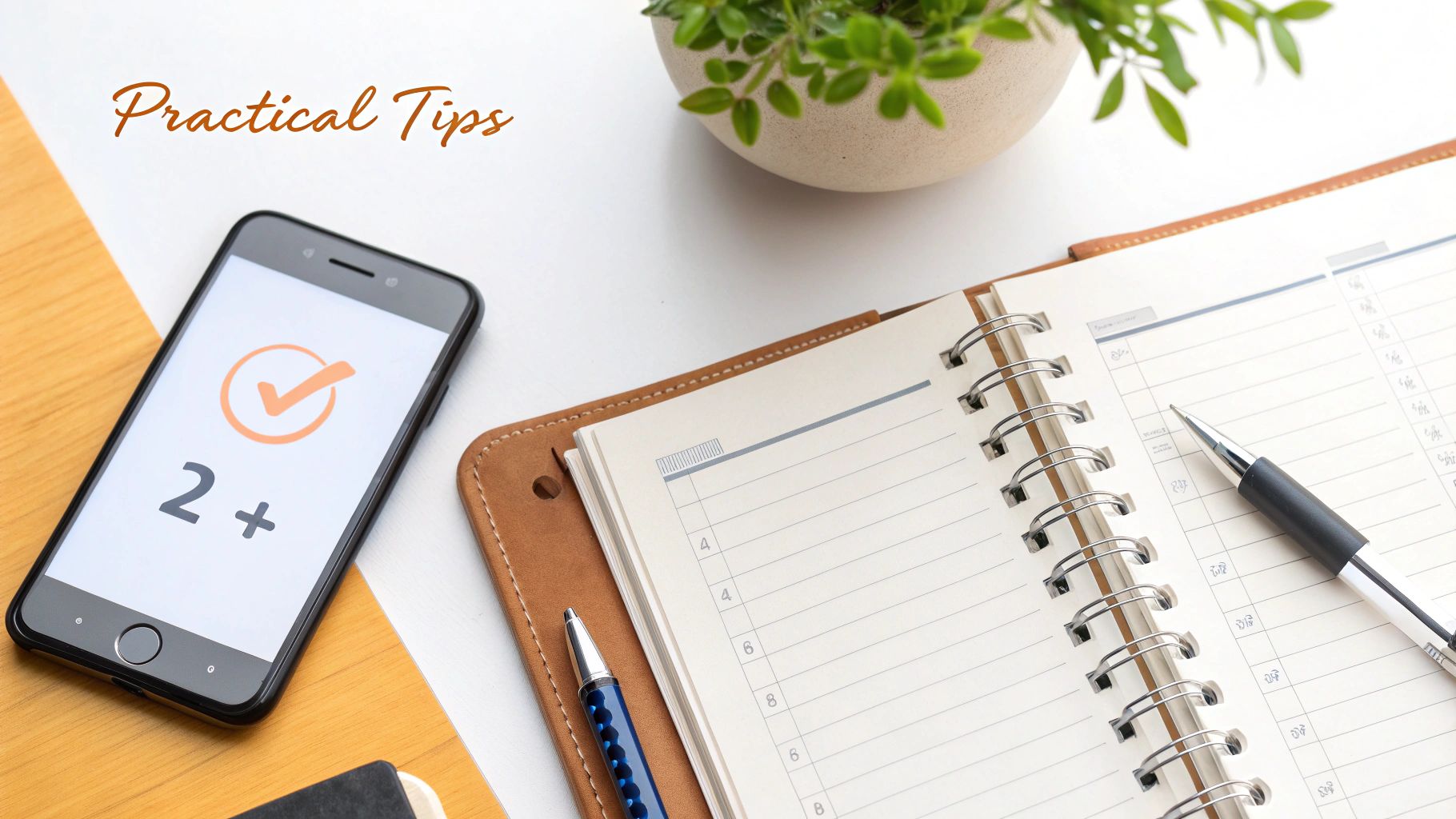 A desk flat lay with a smartphone showing a checkmark, an open planner, and pens, with 'Practical Tips' overlaid.