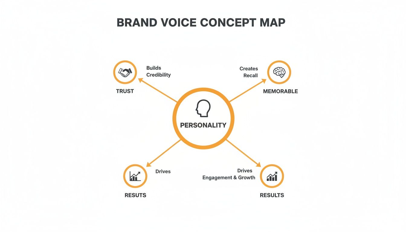 Brand Voice Concept Map illustrating Personality's role in building Trust, creating Memorable experiences, and driving Results through engagement and growth.