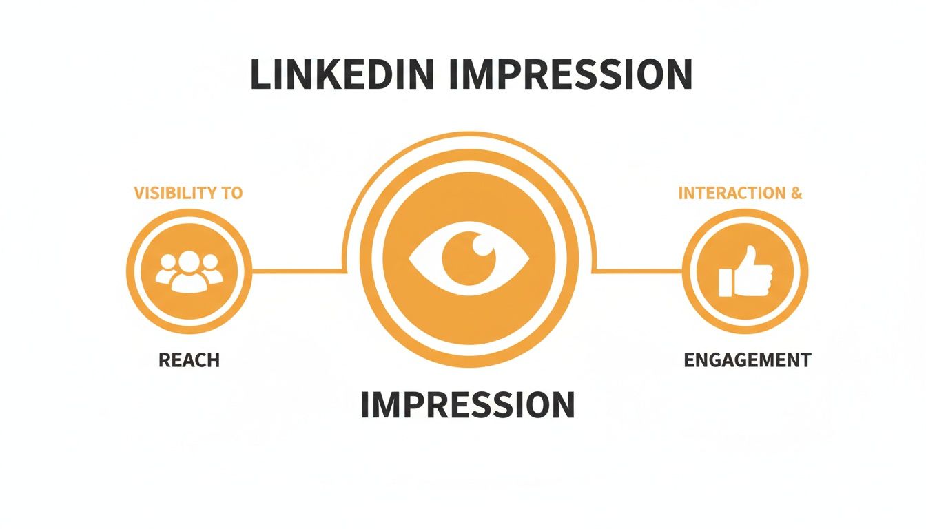 Infographic illustrating LinkedIn impression, connecting visibility, reach, interaction, and engagement metrics.